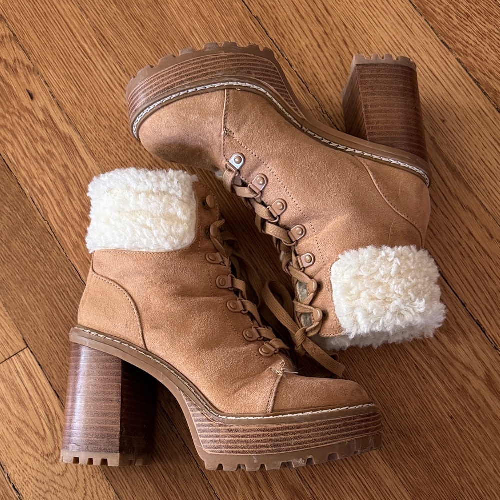 Express Tan Lace-Up Platform Boot with Faux Shearling Cuff